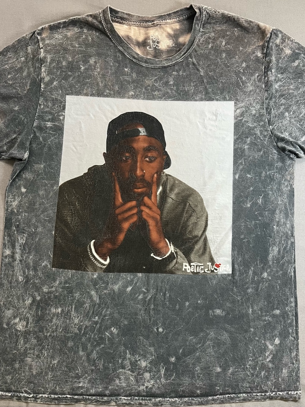 Poetic Justice Graphic Tee with Tupac Portrait - Washed Black